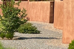 Back gate entrance to a home, with low water landscape